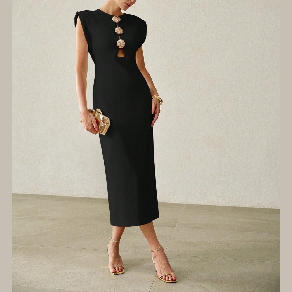 Black Shell Detailing Cutout Cap Sleeve Midi Sheath Dress - Picture 5 of 6